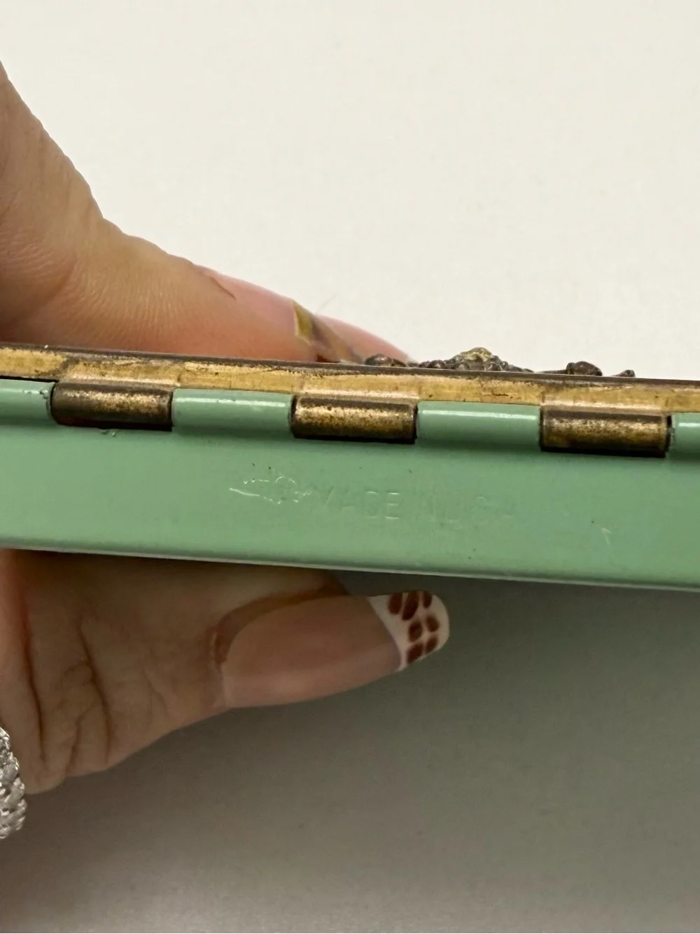 RARE 1940 Vintage Mint Green Enamel WWII Patriotic Makeup Compact Rhinestone